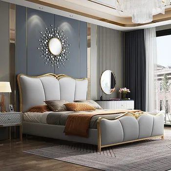 Stil American modern, mobilier dormitor pat matrimonial tineri din piele de lux, dormitor cu pat queen platforma pat cu depozitare