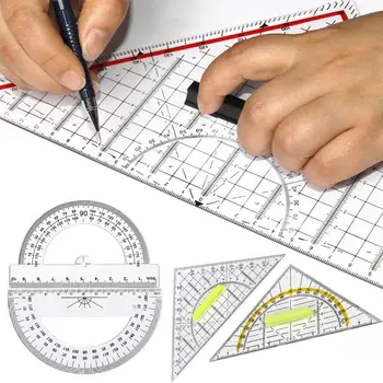 Set Transparent Pătrat Durabile Elaborarea De Instrumente Cu Mâner Conducător Scară Geometrie Plastic Cu Unghi Raportor Birou Școală