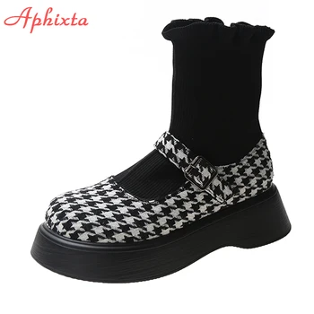 Aphixta 2022 Platforma Umbrelă Femei Cizme Catarama Cutat Tesatura Stretch Rotund Toe Zăbrele Tricotate Scurt Șosete Cizme De Pantofi