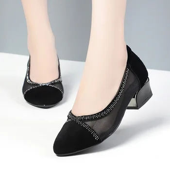 Dimensiunea 34-41 Plasă De Dantelă Neagră Cu Toc Femei Pantofi Respirabil Punct De Deget De La Picior Toc Indesata Pompe