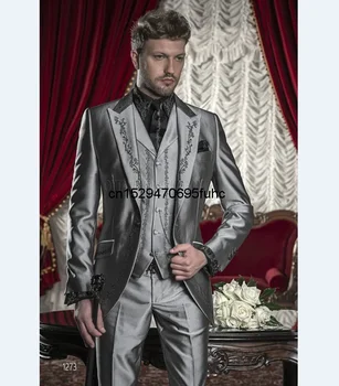 2023 Moda Negru Gri Argintiu Broderie Costume Mire Cavalerii de onoare Bărbați Nunta Bal Costume de 3 Piese(Sacou+Pantaloni+Vesta+Cravata)