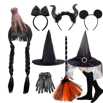 Copii De Halloween, Accesorii De Petrecere Fetele Miercuri Peruca Lucru De Mână Addams Ciorapi Copii Pălărie Vrăjitoare Mătură Fata Negru Bandă De Susținere 