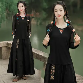 2024 chineză tradițională, o-neck cămașă națională de flori broderie tricou de plasă chineză hanfu topuri oriental tang costum, cămașă de bază