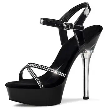 Cele mai noi zapatos mujer negru sandale cu toc femei de cristal gladiator platforma pantofi de vară 14 cm stilet tocuri sandale fete