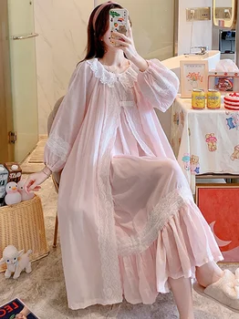 Femeile Zână Pijama Fata De Primavara Toamna Din Bumbac Cu Maneci Lungi Curele Vintage Printesa Bumbac Victorian Rochii De Noapte Pijamale
