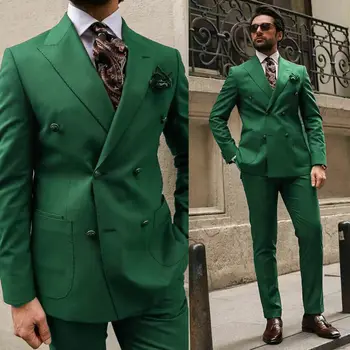 Verde Italiană Pentru Bărbați Costume Pentru Bărbați Nunta Dublu Breasted Se Potrivesc Subțire De Vârf Rever Personalizate Haine De Sex Masculin 2 Bucata Mirele Tuxedo (Sacou + Pantaloni)