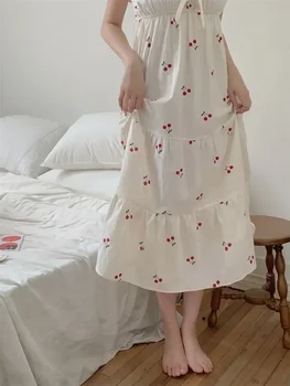 Rochie Lunga Sexy Dulce Body-coreean Cămașă de noapte de sex Feminin Tăiați fără Mâneci Stil Pijama de Imprimare Femei Volane Cherry V-gât Lace