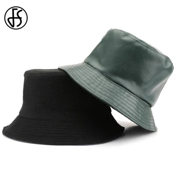 FS Trendy din Piele față-verso de Iarnă Pălărie Găleată Japoneză Pescar Pălării Verde Cald, Plus Catifea Femei Bărbați Panama Capac 2023