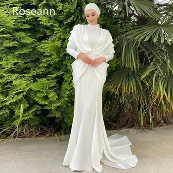 Musulman Retro Fildeș Sirena Rochii de Mireasa Volane din Satin Plin Guler Înalt Brideing Rochie de Lungime Podea Perie Tren robe de mariée