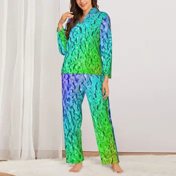 Pijamale Femei Metalic Rainbow Agrement Pijamale Acrilic Marmură Imprimare 2 Piese Retro Seturi De Pijama Cu Maneca Lunga Supradimensionate Acasă Costum