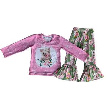Toddler Girls Boutique Tinutele Mâneci Lungi De Desene Animate De Porc Flori Clopot Fund Pantaloni Fete Copii Set
