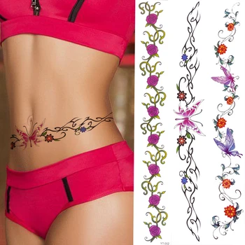 Fluture Floare Tatuaje Temporare Pentru Femei Fete Fals Sexy Body Art Linia Taliei Arta Tatuaje Lavabile Colorate Spini De Viță De Vie Tatuaj