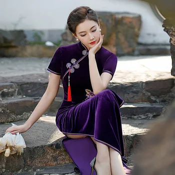 Plus Dimensiune 5XL Femei Lungi Elegante Cheongsam Catifea se Potrivesc bine Qipao Toamna Iarna Vintage Tradițională Chineză Rochie Vestidos