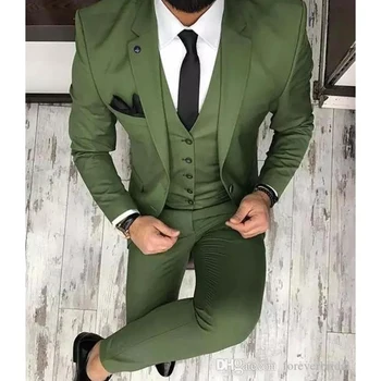 Cele mai recente Verde de Măsline Bărbați Costume pentru Mire 3 Piese Clasice de Nunta Smoching Crestate Rever cel Mai bun Om Sacou Slim Fit trajes de hombre