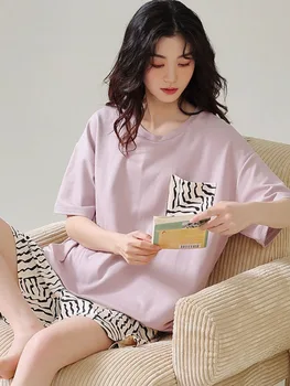 Pijama de Vara pentru Femeie Modele Noi de Bumbac cu mânecă Scurtă, pantaloni Scurți Set de Vara Zebra de Imprimare Vrac Poate Fi Purtat în Afara Homewear Sleepwear
