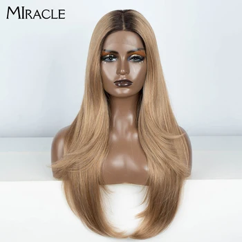 Miracol 28 Inch Drept Ombre Maro Blonda Evidenția Cosplay Peruci Dantela Sintetic Rezistent La Căldură Dantelă Față Peruci Pentru Femei