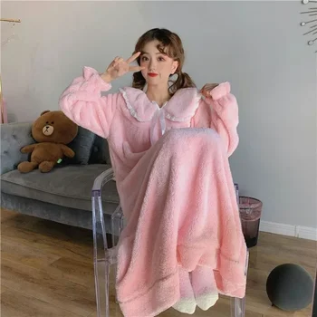 Fleece Cămașă De Noapte Arc Pijamale Femei Stil Coreean Rochie De Noapte-O Singură Bucată Pijamale Dantela Iarna Genunchi Lungime Uzura Acasă