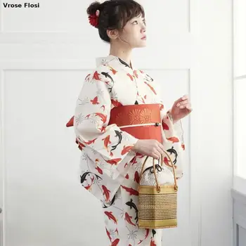 Femei Yukata Tradițională a Japoniei Kimono-Halat de Fotografie Rochie de Cosplay Costum de Pește Printuri Vintage de Îmbrăcăminte Singură Pânză Fără Curea