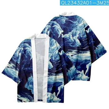 Vintage Chineză Valuri Print Kimono Streetwear Bărbați Femei Cardigan Haori Harajuku Halat Supradimensionate Japoneză Blue Beach Yukata