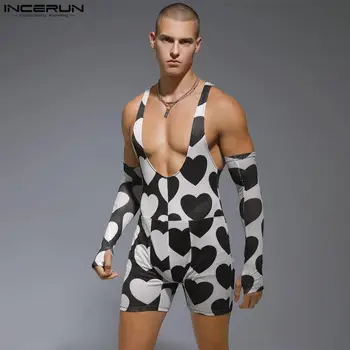 INCERUN 2023 Sexy Bărbați Costume Dragoste Imprimare Design de Maneca Salopete Fahsionable Homewear unghi Plat Salopetă fără Mâneci S-3XL