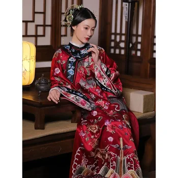Hanfu Chineză Tradițională, Costume Cosplay Qing Qipao Roșu De Imprimare Imitație Broderie Îmbunătățit Mantie Cheongsam Dressup