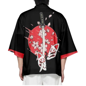 Samurai Cămașă Îmbrăcăminte Haori Kimono Femei Barbati Japoneze Asiatice Streetwear Yukata Cosplay Black Fox Masca De Imprimare Cardigan