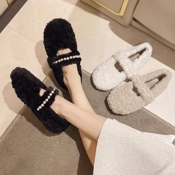 Moda de iarna Noi Casual Culoare Solidă de Pluș cu Margele Cald și Confortabil de Mers pe jos de Pantofi pentru Femei Casual Rotund Toe Flats Casual