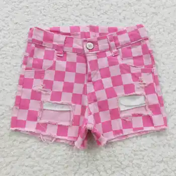 2023 Nou-veniți RTS Summer Fancy Copil de Îmbrăcăminte Denim Fete Blugi Copii Roz Checker pantaloni Scurți
