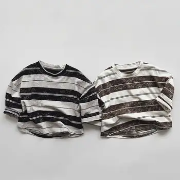 2024 Primăvară Nouă Copii Cu Maneca Lunga Vintage Cu Dungi Tricouri Fete Din Bumbac Tricou Baieti Bluze Casual Tricouri Copil