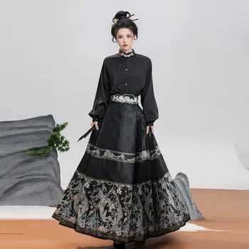 2023 Original Stil Chinezesc Negru Cămașă Lungă Machiaj de Flori Fata de Cal Fusta Hanfu Costum cu Centura Femei Elegante Costume Printesa