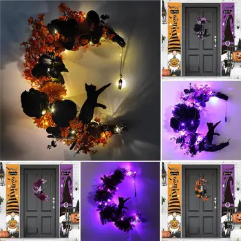 Halloween Coronite Pentru Usa Pisica Neagra Rattan Coroane de flori 35X25Cm Infricosator Home Decor Infricosator Halloween Decor de Perete Pentru Ușa din Față
