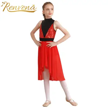 Copii Lauda Liric Dans Rochie Sequin Contrast Ridicat Scăzut Rochii Plasă de Dans Salopeta Rochie Fete Copii Moderne pentru dans