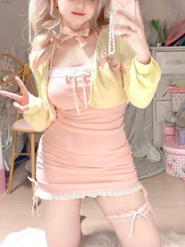 Tricotate Kawaii Lolita Două Bucata Set Femeile Arcul Japonez Dulce Sexy Costum De Sex Feminin Maneca Lunga Cardigan + Curea Roz Rochie 2024