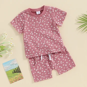 Copilul Fetita Tinuta de Vara Floral cu Maneci Scurte T-Shirt, Bluze și pantaloni Scurți Set 2 buc Vara Haine Casual