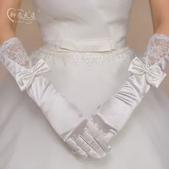 Accesorii de nunta Mănuși de Mireasa de Lungime Cot Mireasa Mănuși cu Degete Dantela Lungi din Satin Alb Mănuși de Nunta