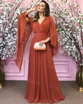 Fantezie Rochie Eleganta Rosie Corn Mâneci Lungi V-Neck Rochii de Seara O-linie Dubai Arabe Formale Rochii de Bal vestidos de noche