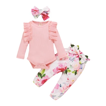 Fetița Set Haine de Toamna Iarna O-Neck Maneca Lunga Body + Print Floral Pantaloni Pantaloni + Bentita Haine Set 3-18 luni