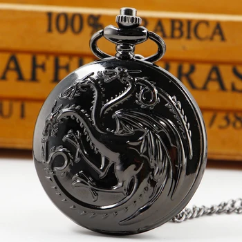 Negru Trei Dragon Monstru Cuarț Ceas de Buzunar de Vânzare Fierbinte Clasic Colier Vintage FOB Lanț Buzunare Ceas CF1259