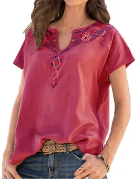 Moda Vara Topuri De Femei 2023 Retro Floral Printed Short Sleeve V-Neck De Mari Dimensiuni Casual Liber De Bază T-Shirt Femei