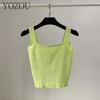 [YOZOU] Bumbac Tricotaje fără Mâneci Croșetat Tricotate Cultură Camis Rezervor de Top Curele Y2k Verde Negru Alb Maro Slim Femei Bodycon