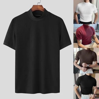 Nouă Bărbați de Înaltă Gât Pulover Tricot de Bază Cămașă de Înaltă Gât Slim Fit T-shirt Casual Solidă Pulover Maneca Scurta