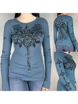Femeile s Casual Toamna Gotic Bluze Maneca Lunga Albastru Stras Model de Imprimare tricou Subțire