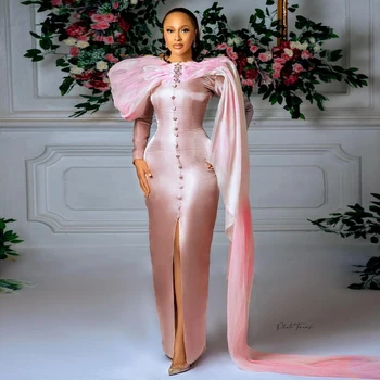 African Roz Elegant Formale Rochii De Bal Lucioasă De Mătase Satin Fantă Front Aso Ebi Oaspeții De Nunta Rochie Neagră Femei Rochie De Seara 2024