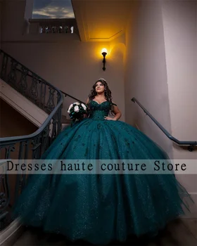 Verde smarald Printesa Rochii Quinceanera 2024 Aplicatiile de Margele Rochie de Bal de Pe Umăr 16 ani de Bal Vestidos