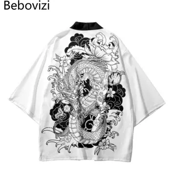 Supradimensionate Top Alb Dragon Print Kimono Tradițional De Bărbați, Femei Cosplay Cardigan Yukata Tricou Samurai Japonez Haori