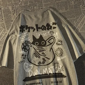 Vara Japonez Harajuku Anime Kawaii Cat Tipărite Oversize T-shirt pentru Barbati femei Cuplu Streetwear Haine Largi Y2K Topuri