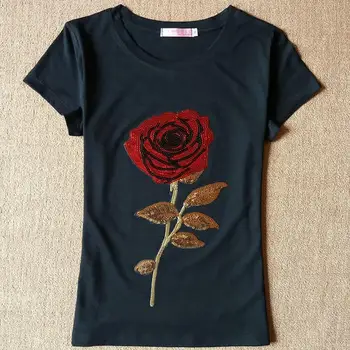 noi paiete trandafiri tricou cu mânecă scurtă pentru femei camisetas mujer