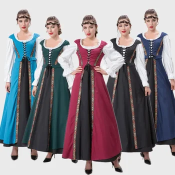 Renașterii Medievale Pătrat Guler Talie Două Piese Rochie Retro Curtea Dramă Costum