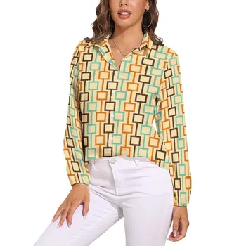 Retro Pătrat Bluza Imprimeu Geometric Birou Model Bluze Femei Cu Maneca Lunga-Camasa Casual De Vara Supradimensionat Îmbrăcăminte