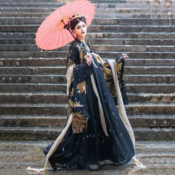 APĂ Neagră Hanfu Femei Chineze Hanfu Rochii Set Negru de sex Feminin XXXL Stil Vechi Aurit Mare cu Mâneci lungi Tricou Cuplu Set